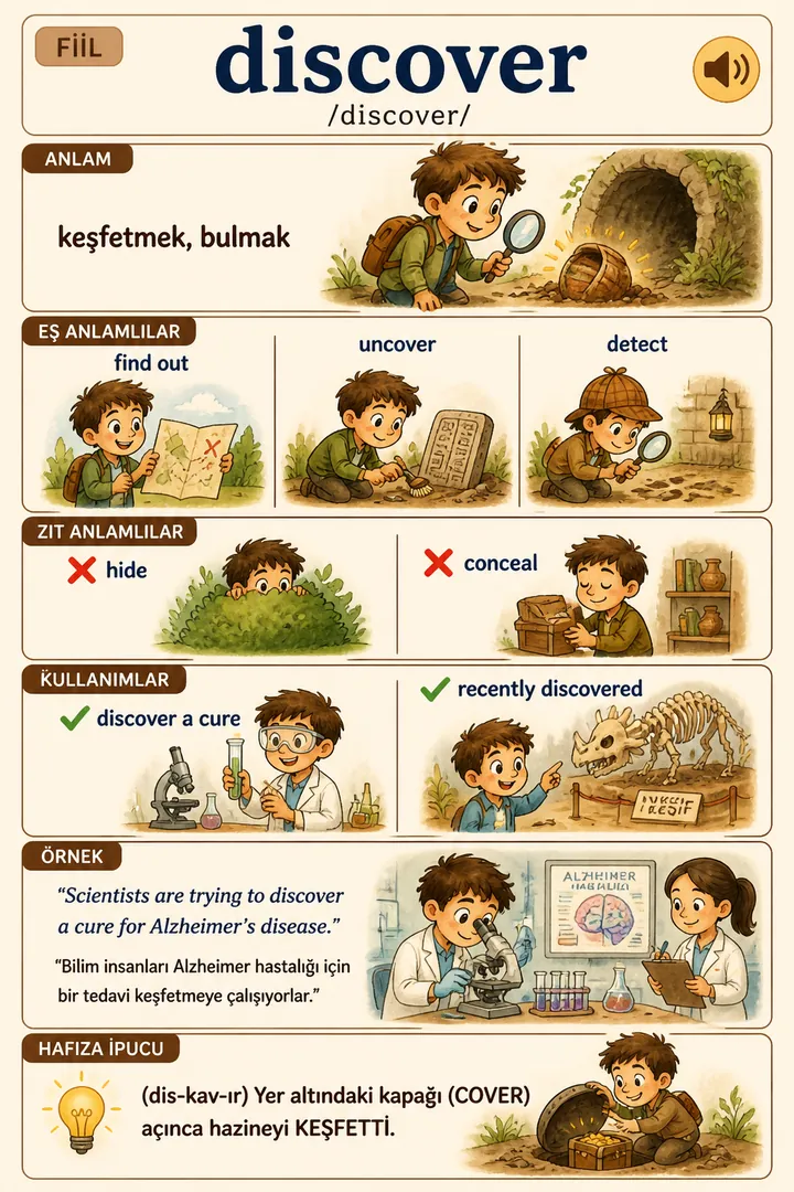 Discover: anlamı, yakın anlamlıları, zıtları ve kullanımları